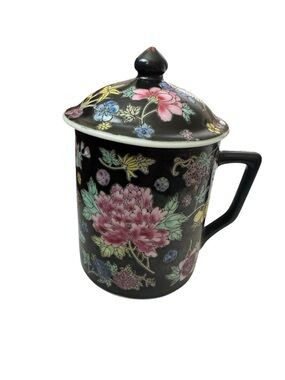 Floral Enamel-Look Ceramic Tea Mug with Lid - Black Pink Floral